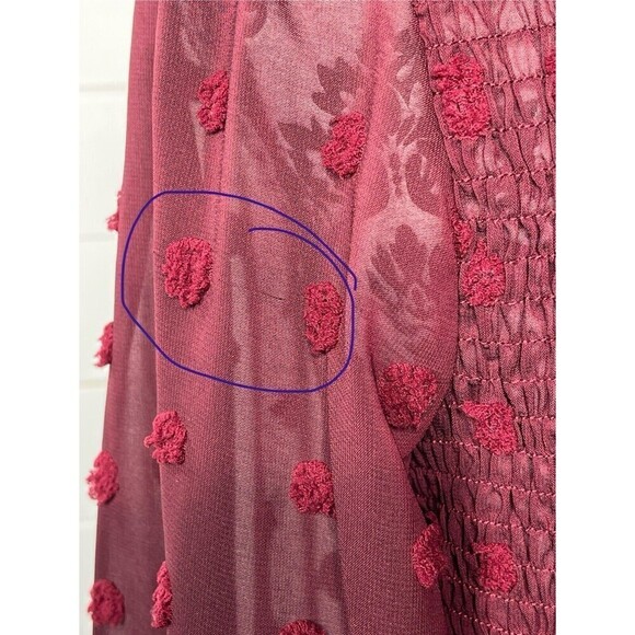 She + Sky Boho Blouse Womens Medium Burgundy Puff Sleeve Ruched Swiss Dot* Flaw - Picture 9 of 14